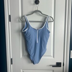 Blue One-Piece Swimsuit with White Trim